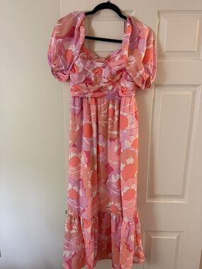 Floral Puff Sleeve Maxi Dress in Pink & Coral